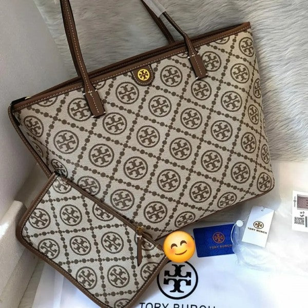 Tory Burch Brown Monogram Tote Luxury Bag With Og Box And Dust Bag & Extra Pouch
