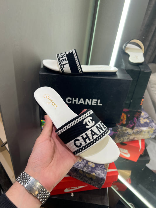 Chanel White Logo Design With Og Dust Bag And Box Luxury Sandels