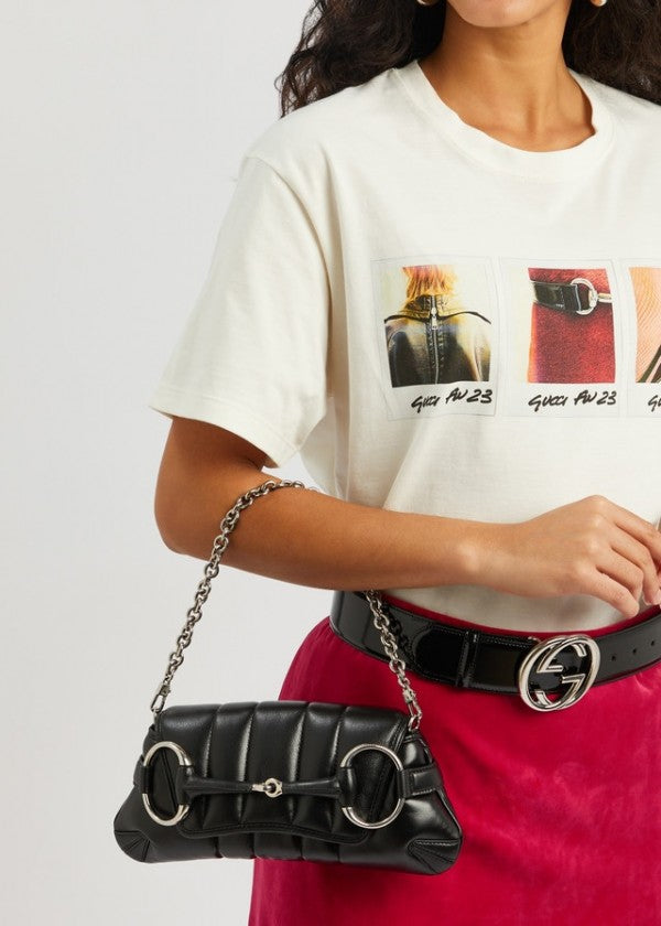 Gucci Black GG Horsebit Chain Premium Shoulder Bag With Og Box And Dust Bag & 2 Belts