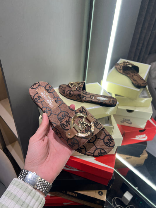 Michael Kors Brown Logo Design With Og Dust Bag And Box Luxury Sandels