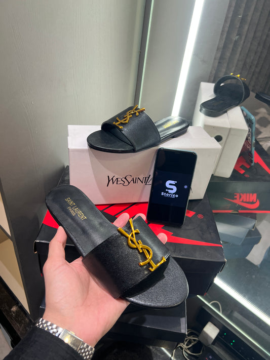 Saint Laurent Black With Gold Logo Design Luxury Sendels With Og Dust Bag And Box