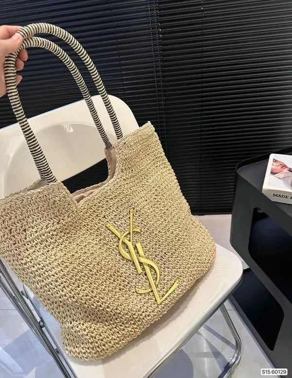 YSL Creame ICare Raffia Jute Tote Bag With Og Box And Dust Bag