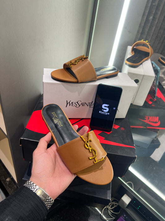 Saint Laurent Brown With Gold Logo Design Luxury Sendels With Og Dust Bag And Box