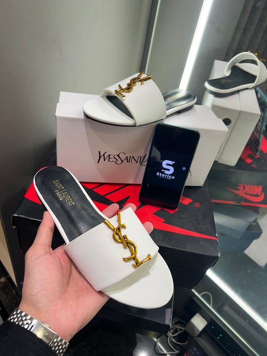 Saint Laurent White With Gold Logo Design Luxury Sendels With Og Dust Bag And Box