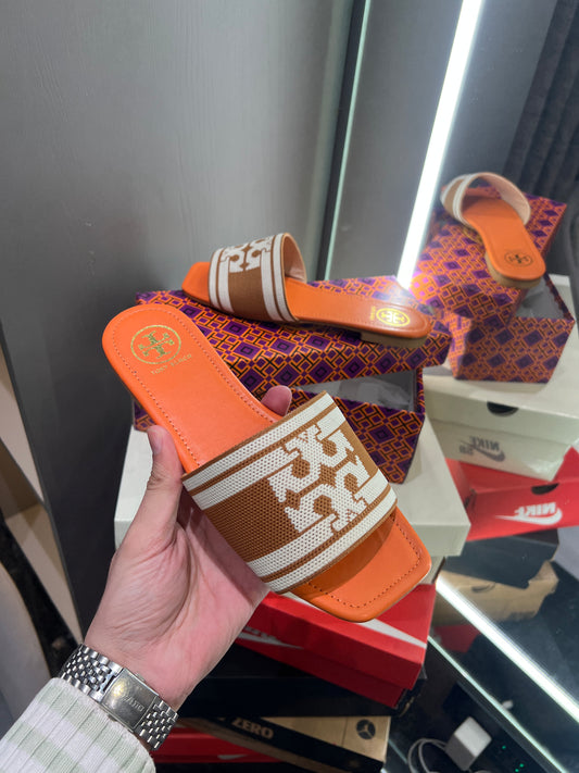Tory Burch Orange Logo Design With Og Dust Bag And Box Luxury Sandels