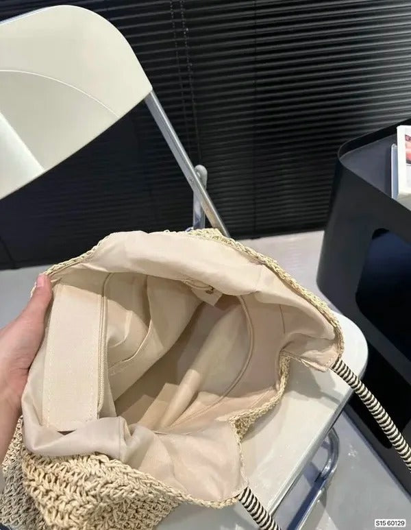 YSL Creame ICare Raffia Jute Tote Bag With Og Box And Dust Bag