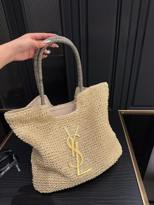 YSL Creame ICare Raffia Jute Tote Bag With Og Box And Dust Bag