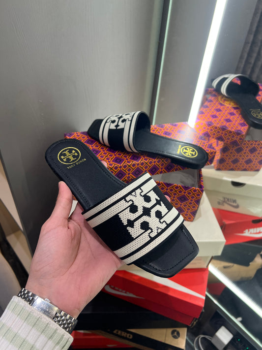 Tory Burch Black Logo Design With Og Dust Bag And Box Luxury Sandels